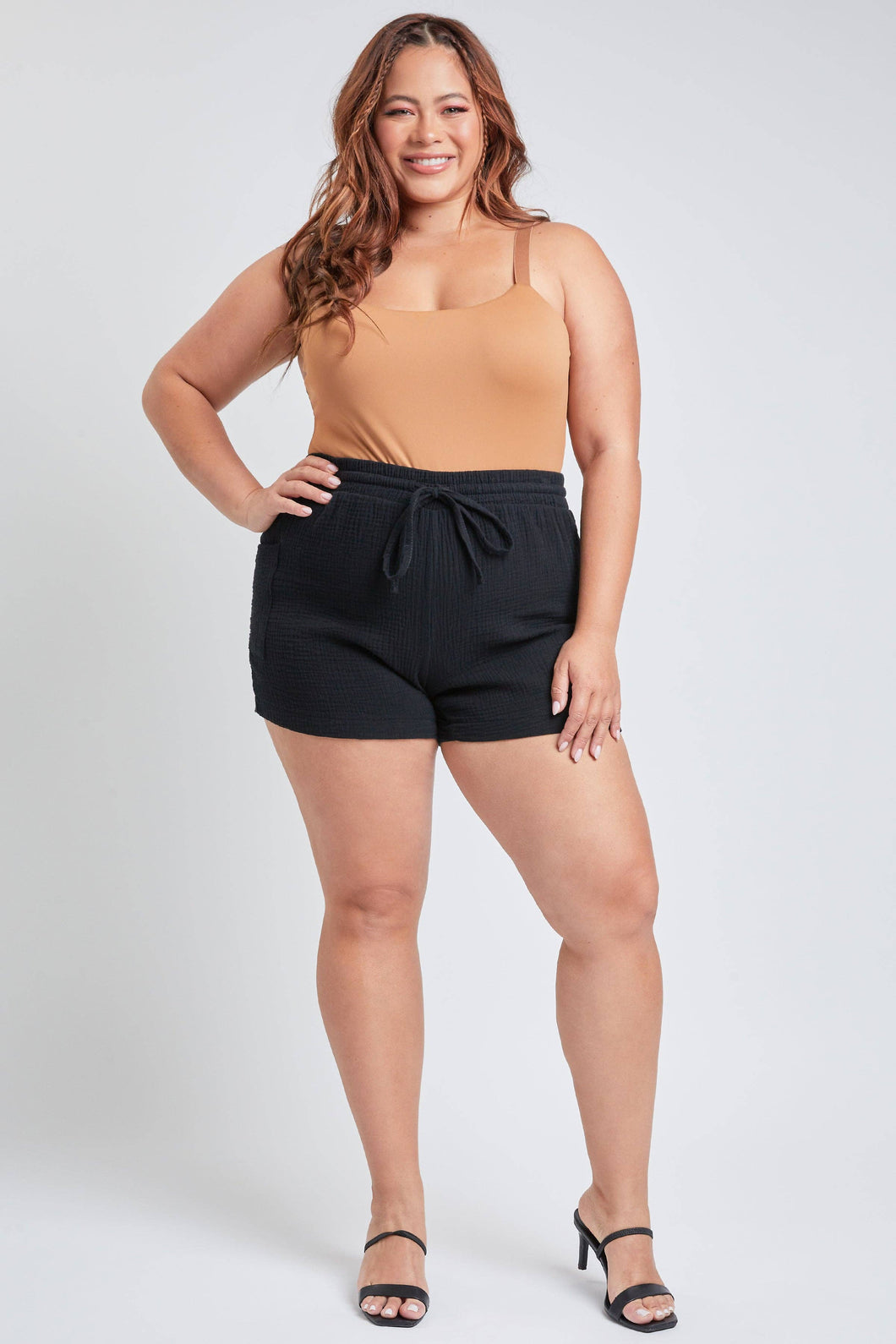 Plus Size Cotton Shorts With Side Patch Pocket: 1X BLACK